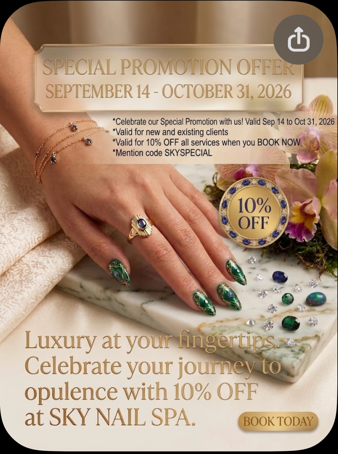 Special Promotion: 10% off all services, September 14 to October 31, 2026, mention code SKYSPECIAL
